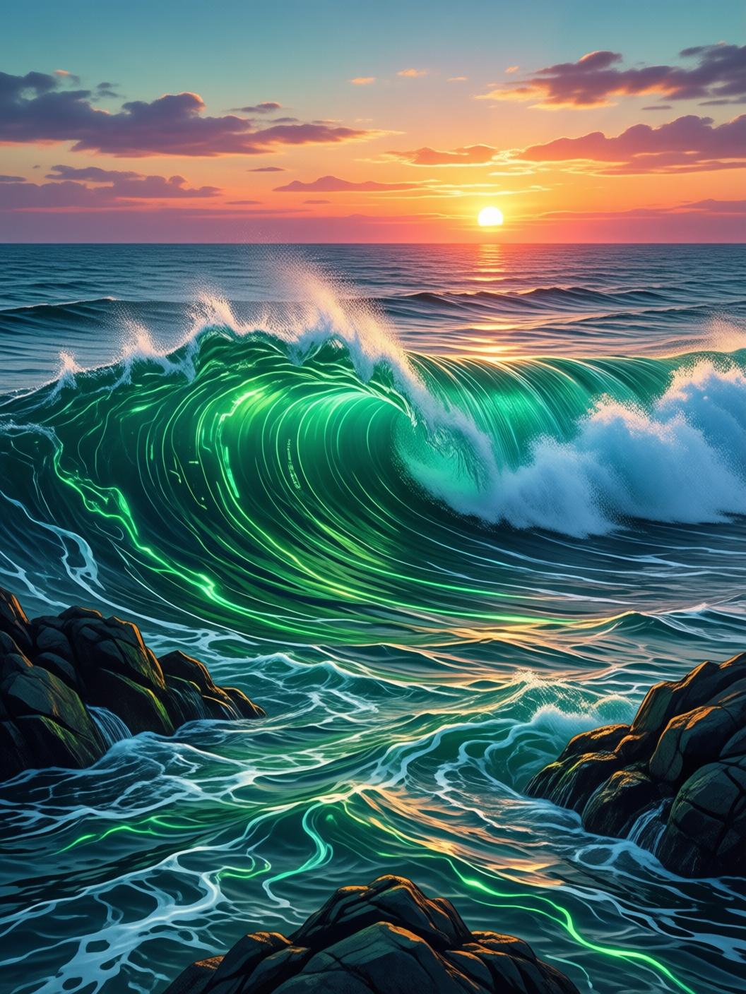 gentle ocean waves at sunset, soft misty water flowing over rocks