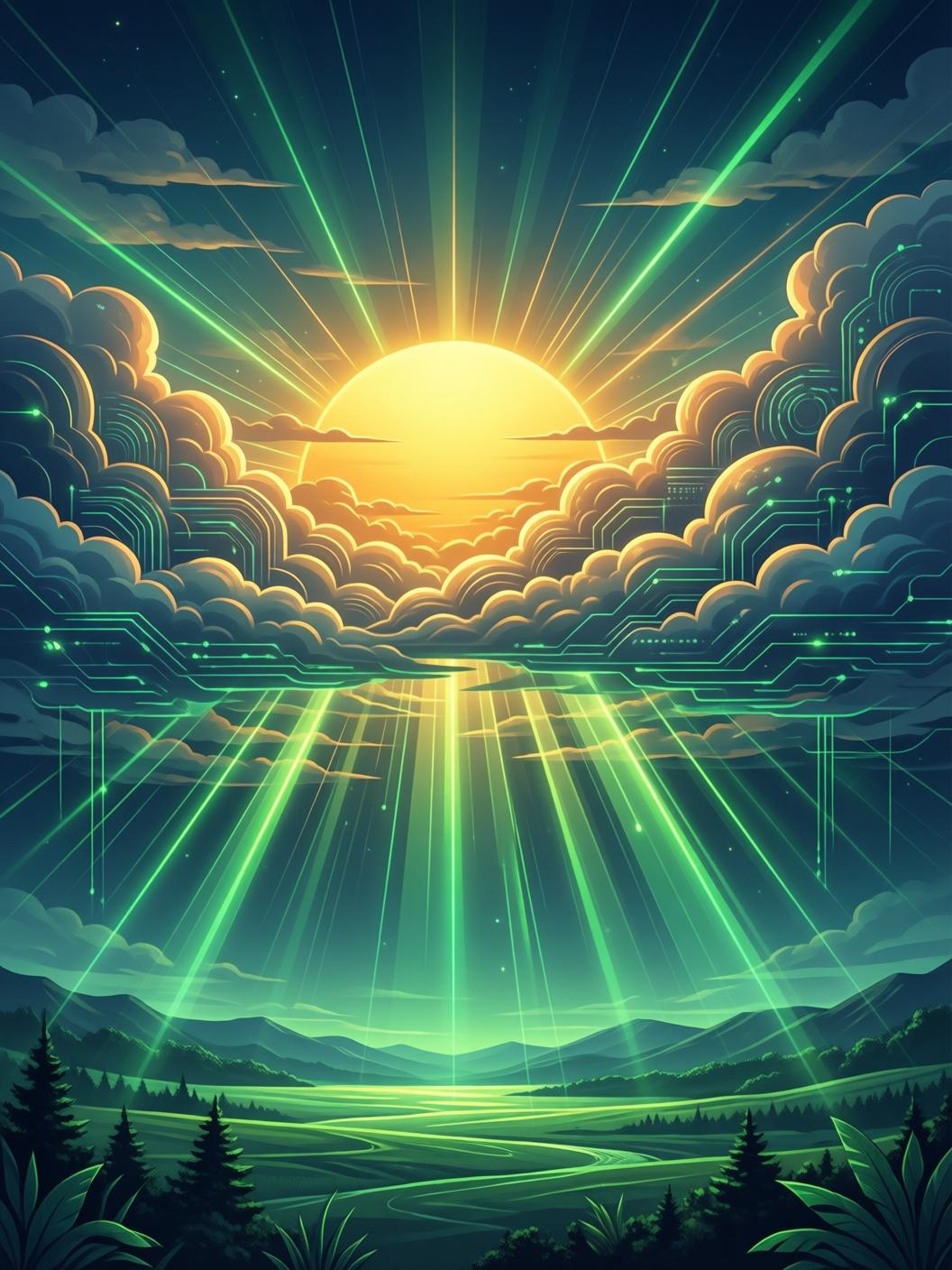 golden sunrise breaking through clouds, rays of light illuminating a serene landscape