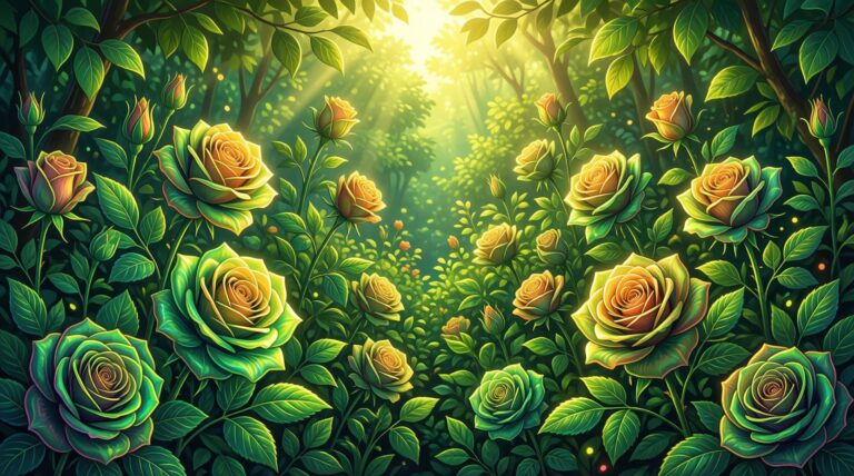 lush green garden with blooming roses and warm golden sunlight