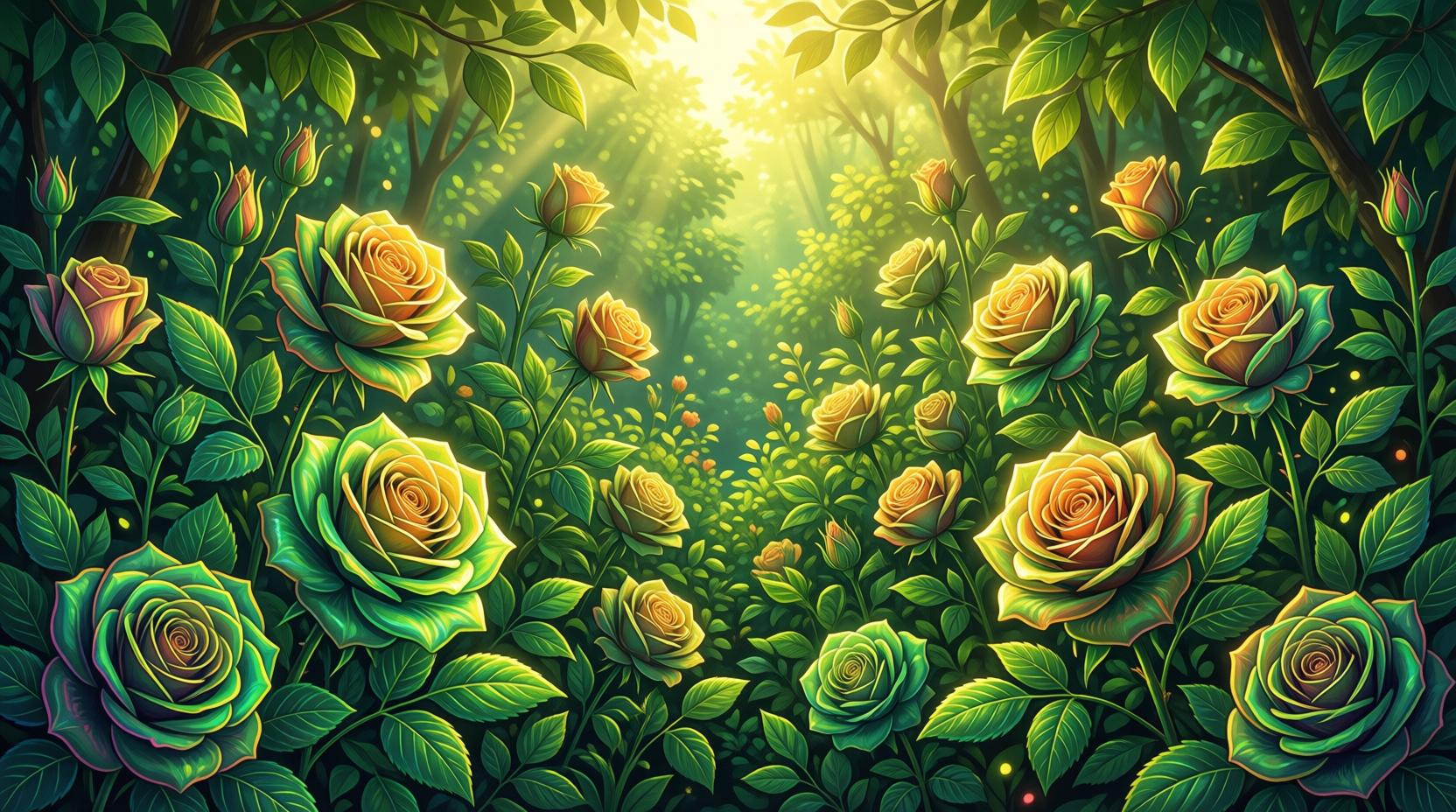 lush green garden with blooming roses and warm golden sunlight