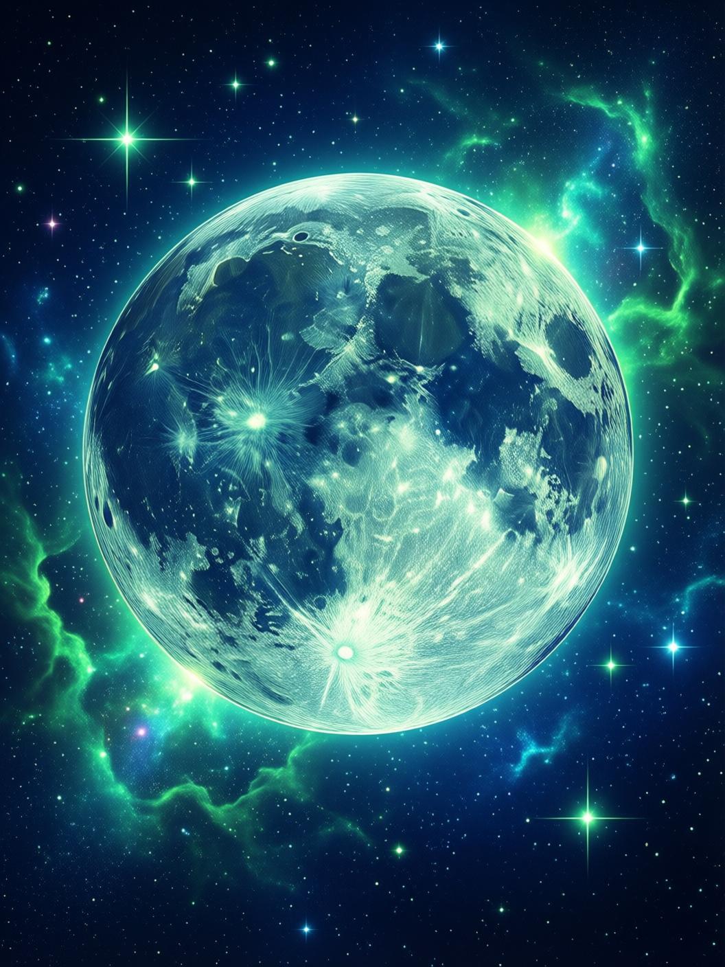 mystical night sky with full moon, stars, and cosmic nebula in deep blue and green tones