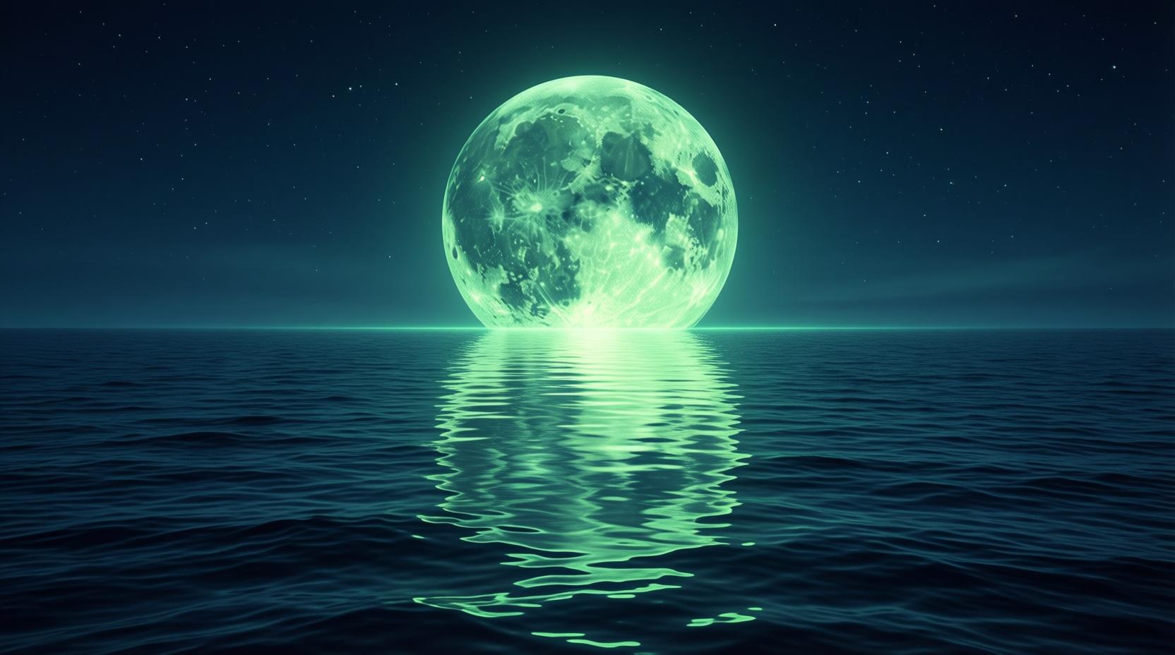 new moon reflected in calm ocean water at night, serene and peaceful