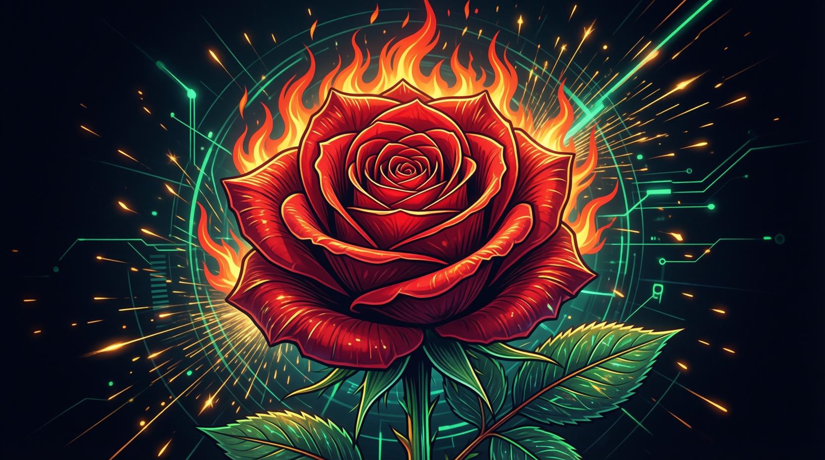 passionate red rose with flames and golden sparks on dark background