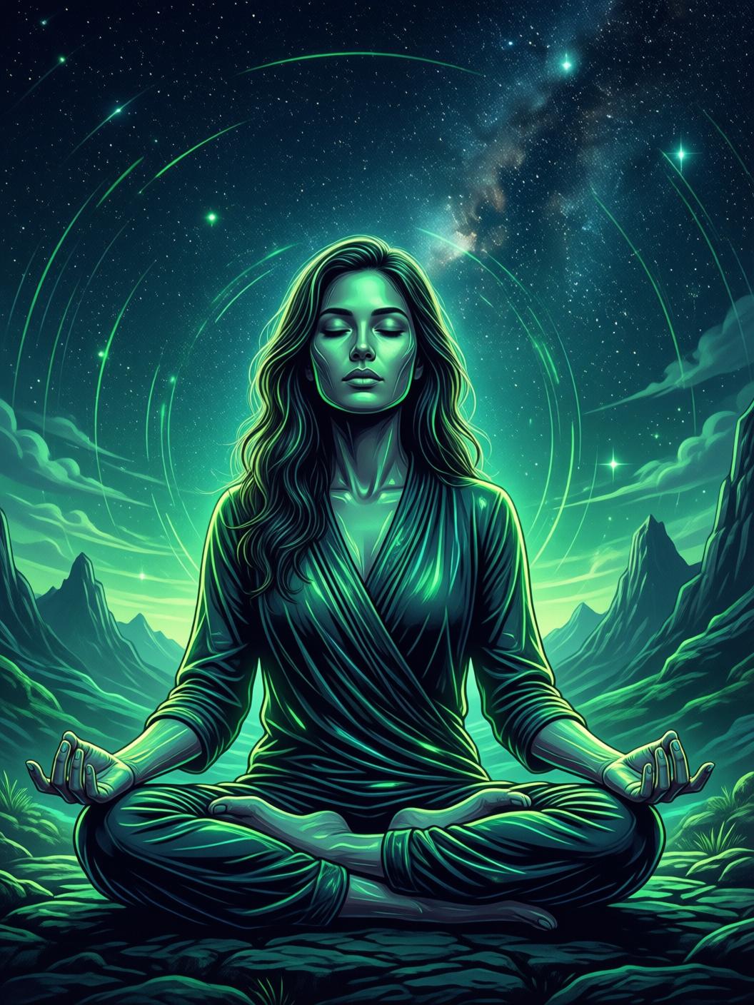 person meditating peacefully in nature under starry night sky, zen and calm