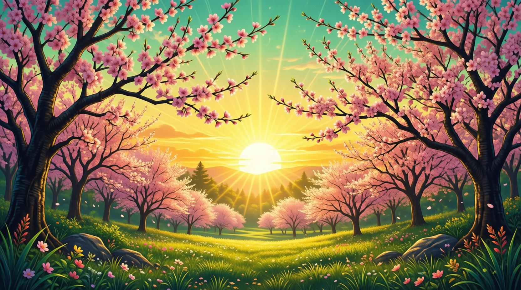 spring equinox sunrise with blooming cherry blossoms and golden light