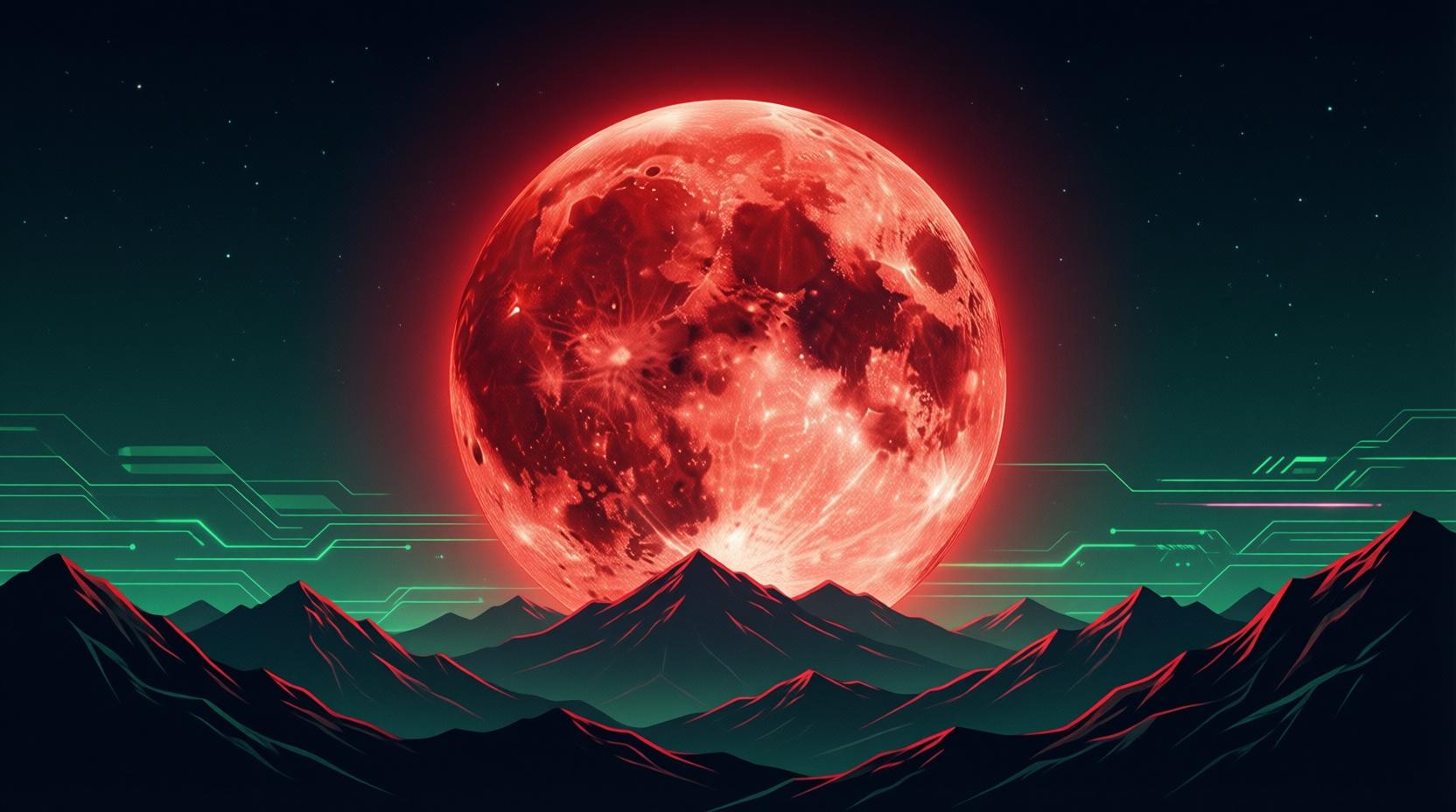 total lunar eclipse blood moon glowing red over mountains at night