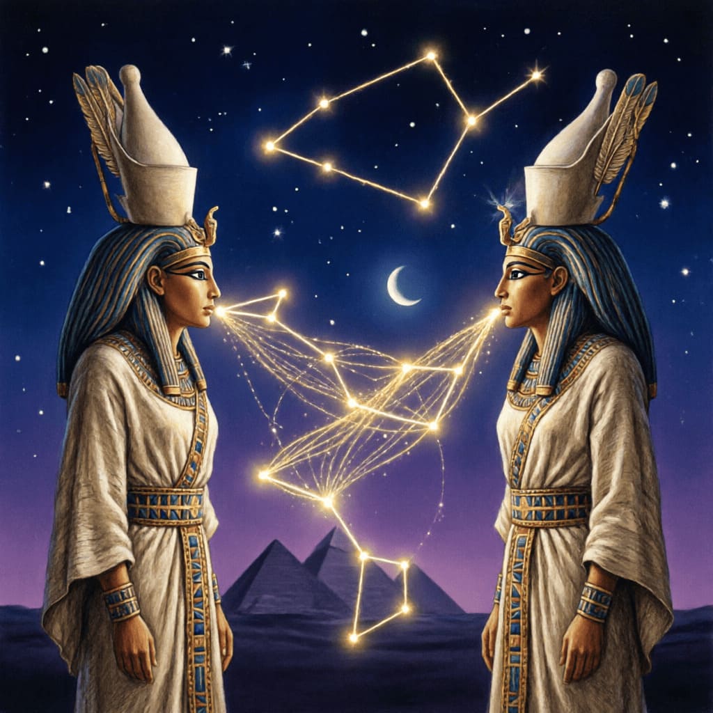 two ancient Egyptian figures facing each other with glowing constellation lines connecting them
