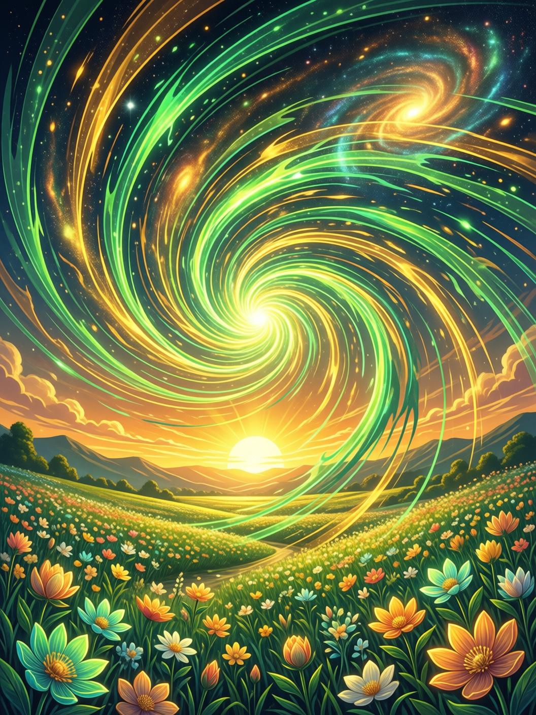 vibrant spring sunrise with dynamic golden and green cosmic energy swirling over a blooming landscape