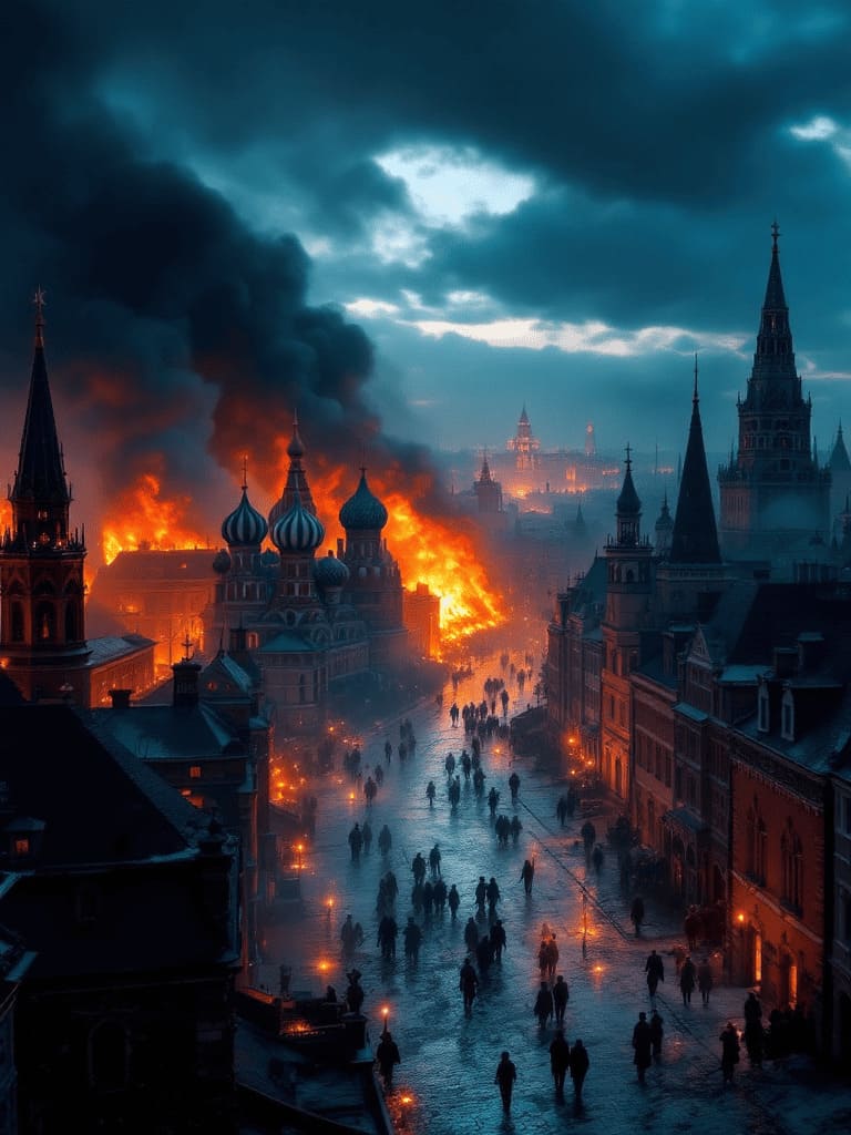 Moscow burning 1812 historical painting dramatic fire city Napoleon