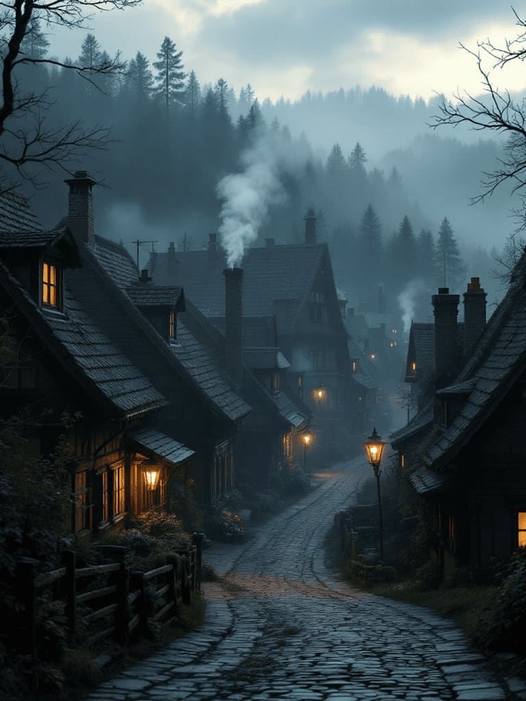 old abandoned German farmhouse with overgrown garden at twilight