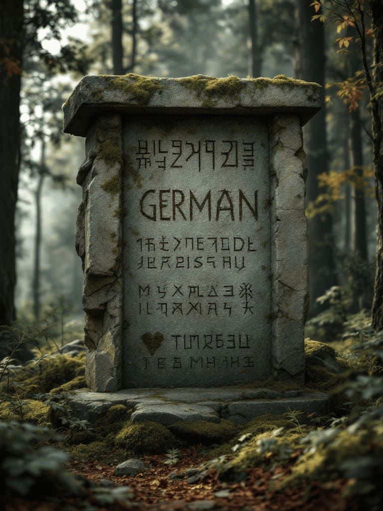 ancient Germanic runes carved into stone in a forest
