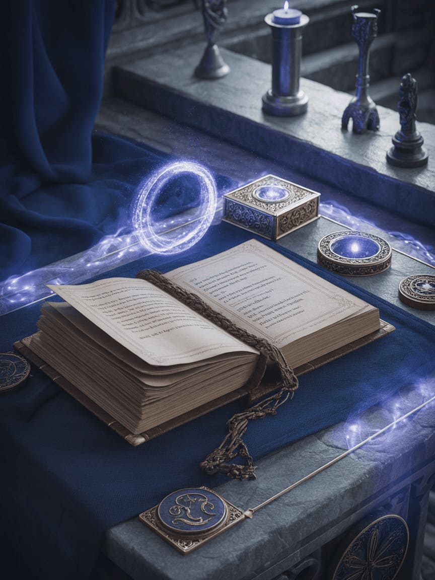 ancient magic ritual spell book amulet mystical artifacts glowing