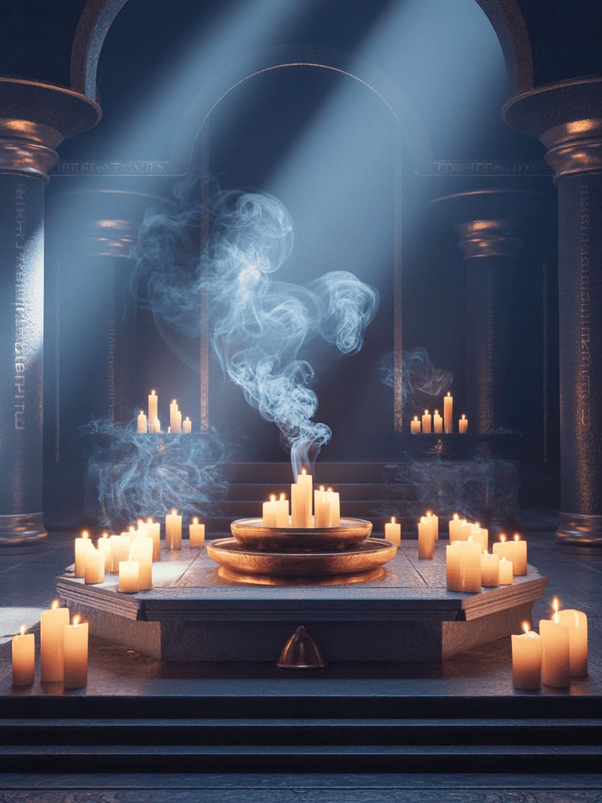ancient mystical ritual candles smoke light temple atmosphere