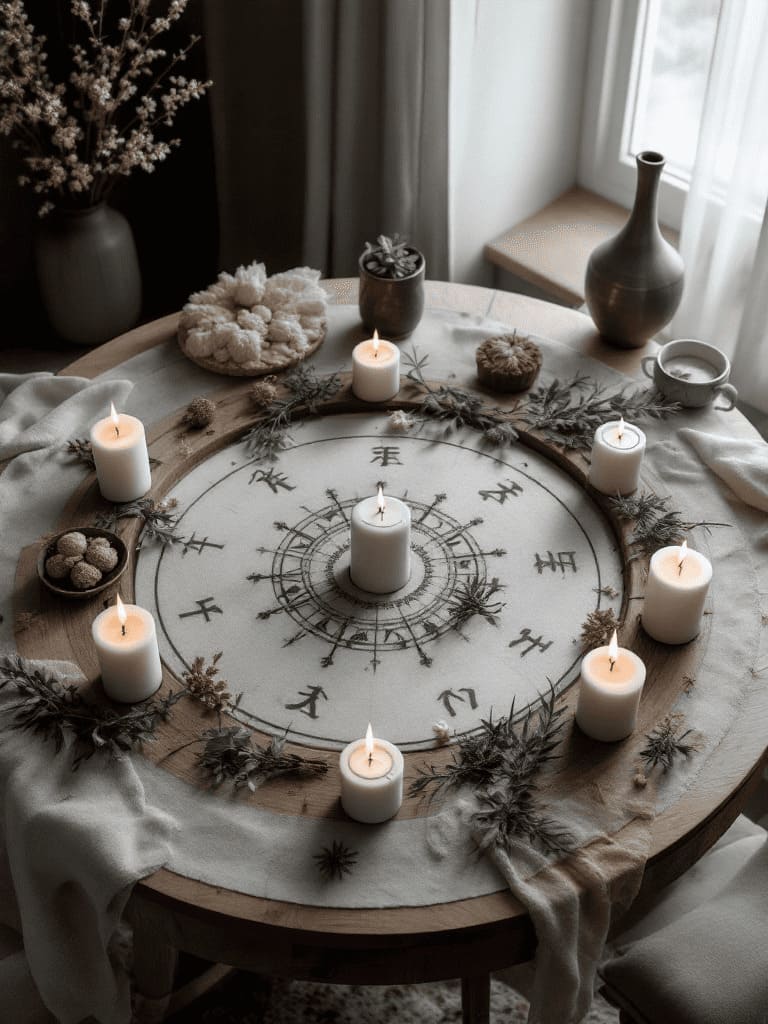 ancient ritual circle with candles herbs and symbols on wooden table