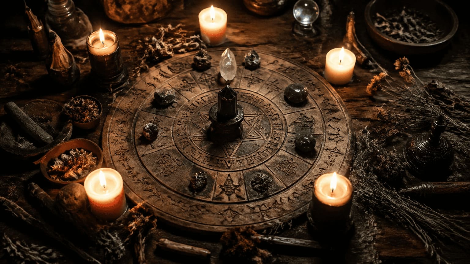 ancient ritual circle with candles herbs