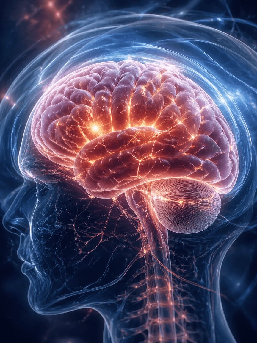 brain waves illustration, abstract consciousness layers, soft glow