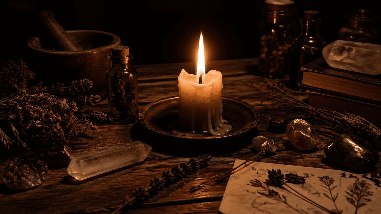candle flame glowing in darkness with mystical herbs and crystals on wooden table