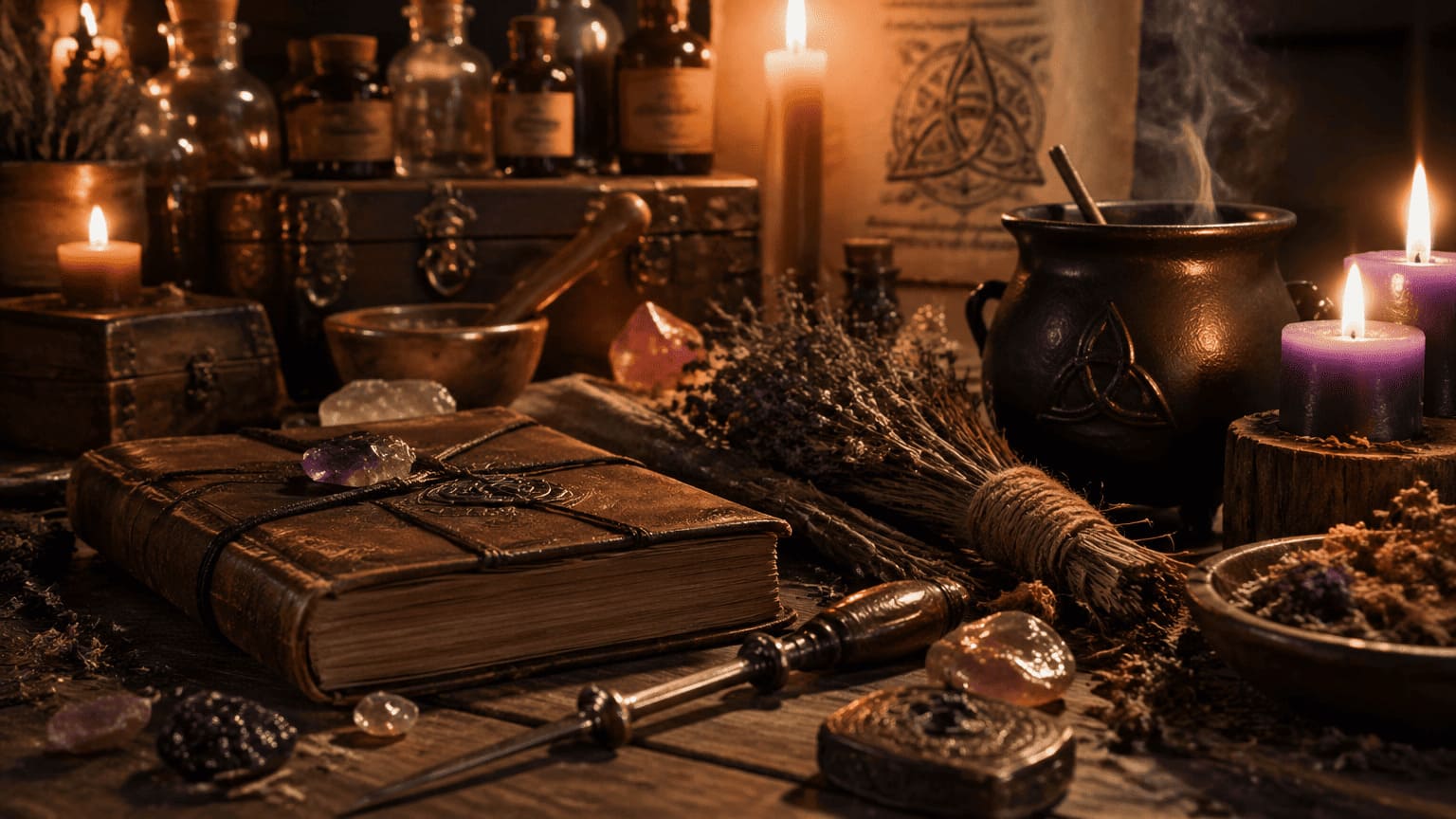 candles herbs crystals altar magical practice setup moody atmospheric