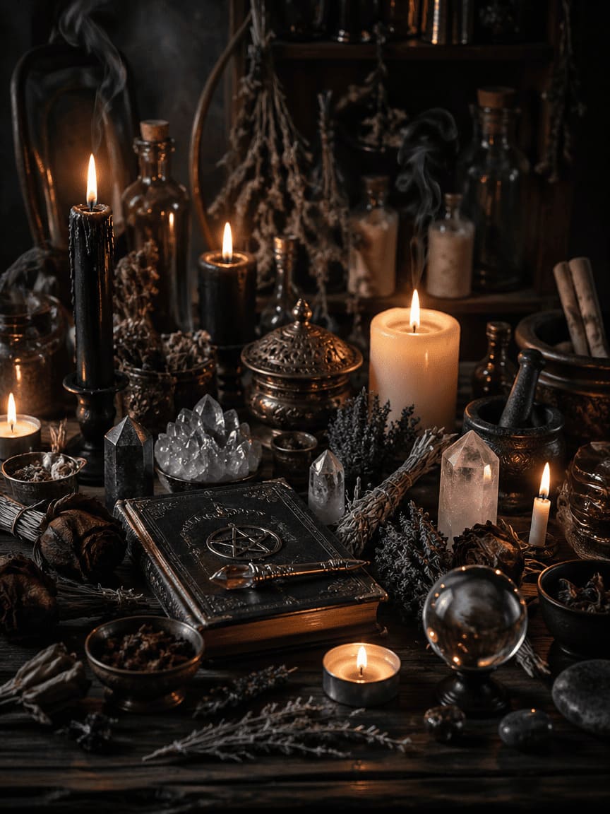 candles herbs crystals altar