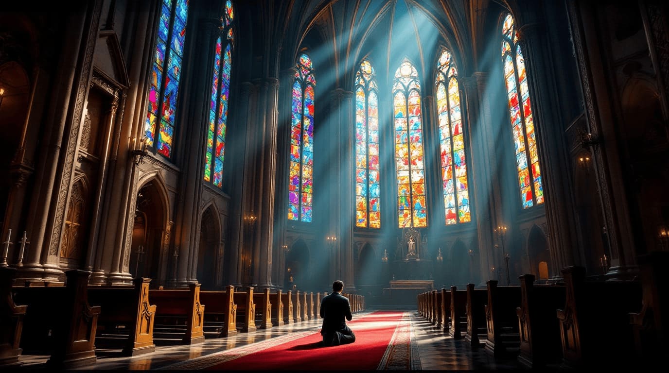 cathedral stained glass light beams prayer devotion sacred interior
