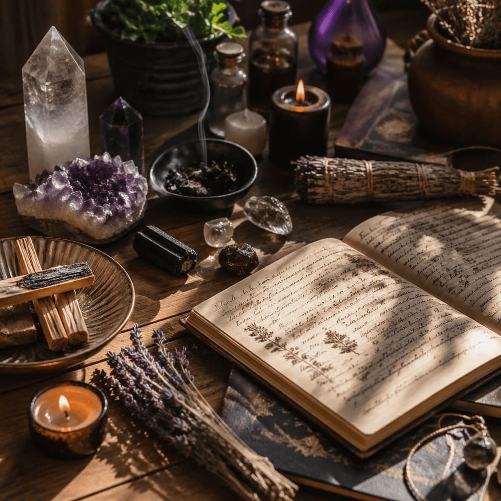 collection of ritual objects crystals herbs candles journal on wooden table warm natural light