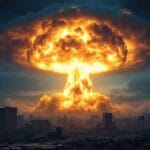 dramatic nuclear explosion mushroom cloud over ancient European city ruins at dusk, atmospheric and cinematic