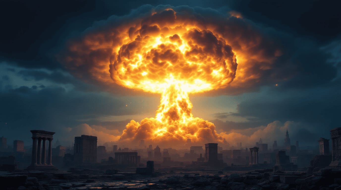 dramatic nuclear explosion mushroom cloud over ancient European city ruins at dusk, atmospheric and cinematic