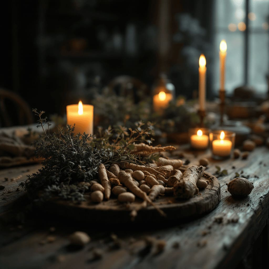dried herbs and roots on wooden table with candles