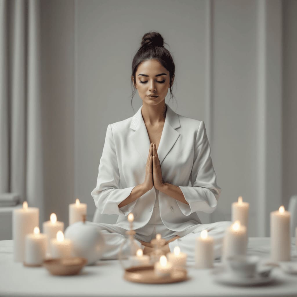 focused person meditating with hands together, soft candlelight