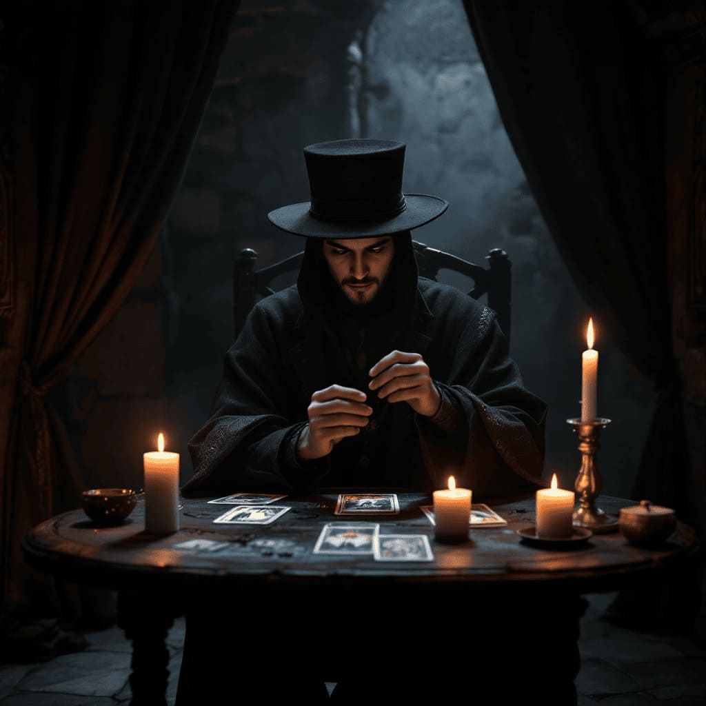 fortune teller reading cards in candlelight old European setting