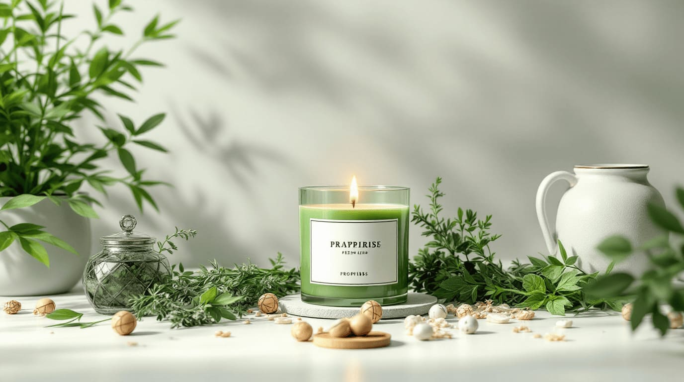 green candle with herbs and prosperity symbols
