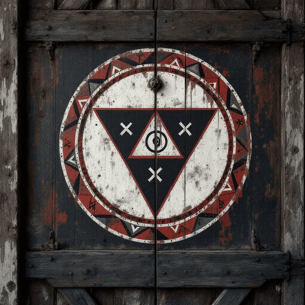 hex sign painted on old barn door Pennsylvania German folk art