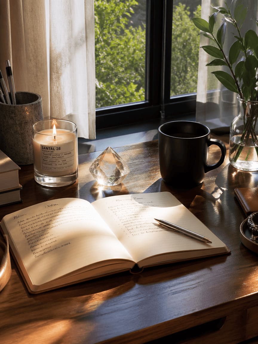 morning routine desk candle crystal notebook organized calm