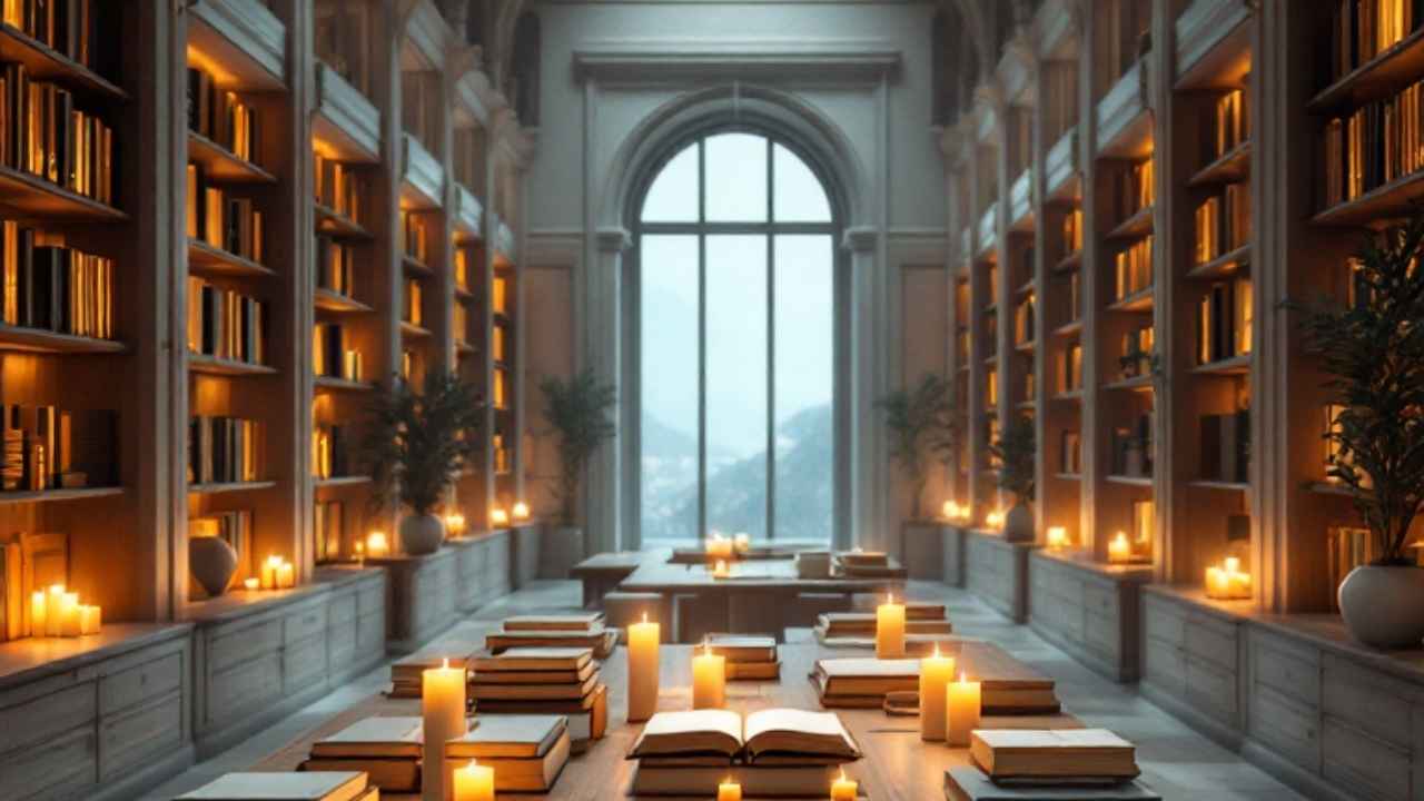 mystical ancient library with candles and glowing books open on a wooden table
