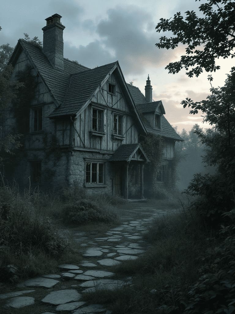 old abandoned German farmhouse with overgrown garden at twilight