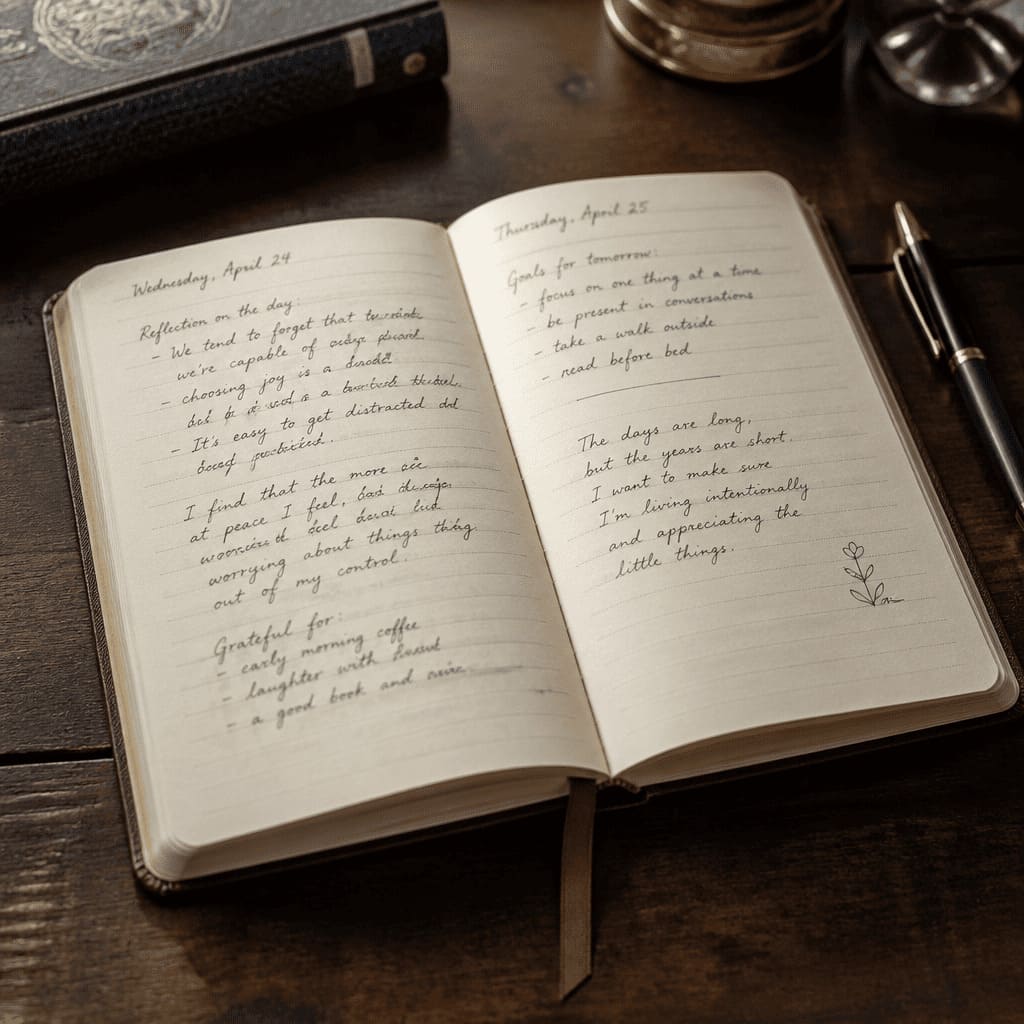 open journal handwritten notes pen desk wooden