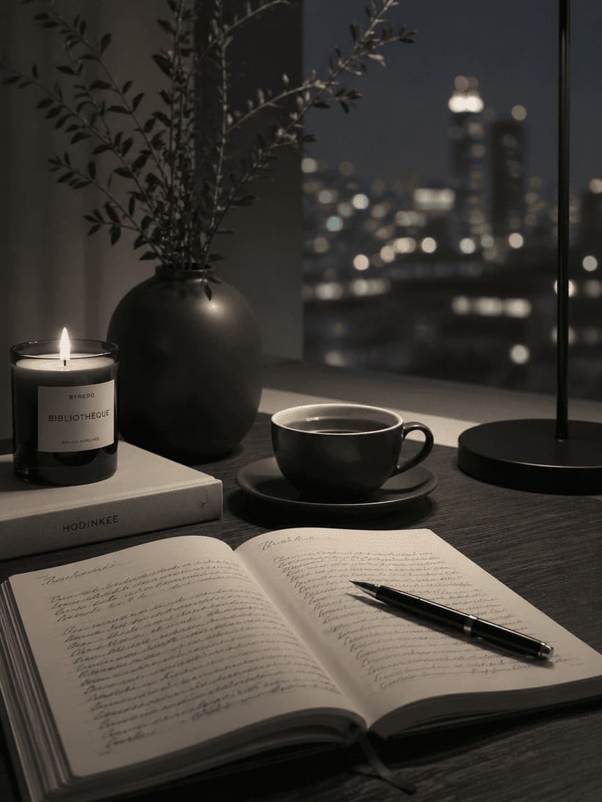 open journal with handwriting next to a candle and cup of tea on a wooden table at night