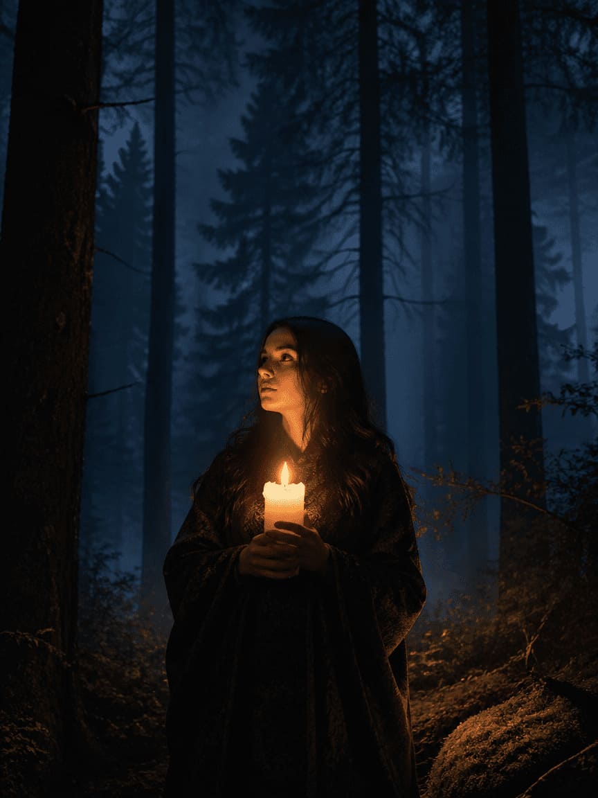 person holding glowing candle in dark forest magical atmospheric hope