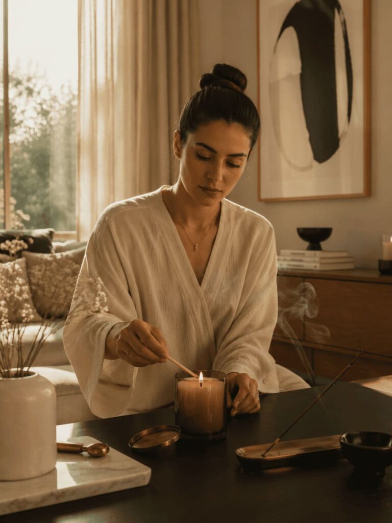 person lighting a candle in quiet room peaceful morning ritual focused intentional