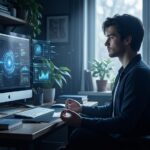 person meditating at computer screen with nature background digital learning spiritual