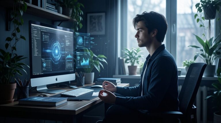 person meditating at computer screen with nature background digital learning spiritual