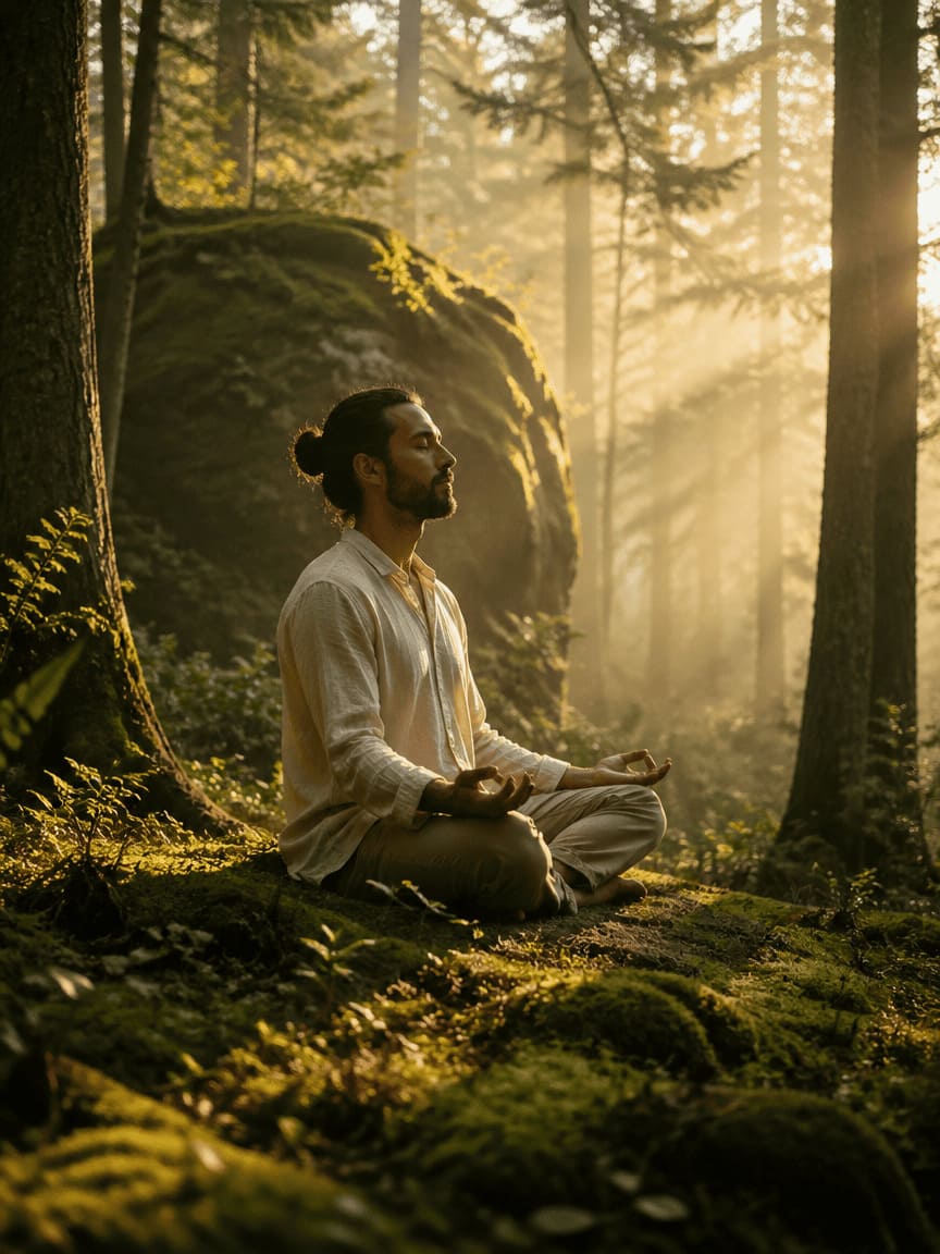 person meditating peacefully in forest clearing at dawn with soft golden light