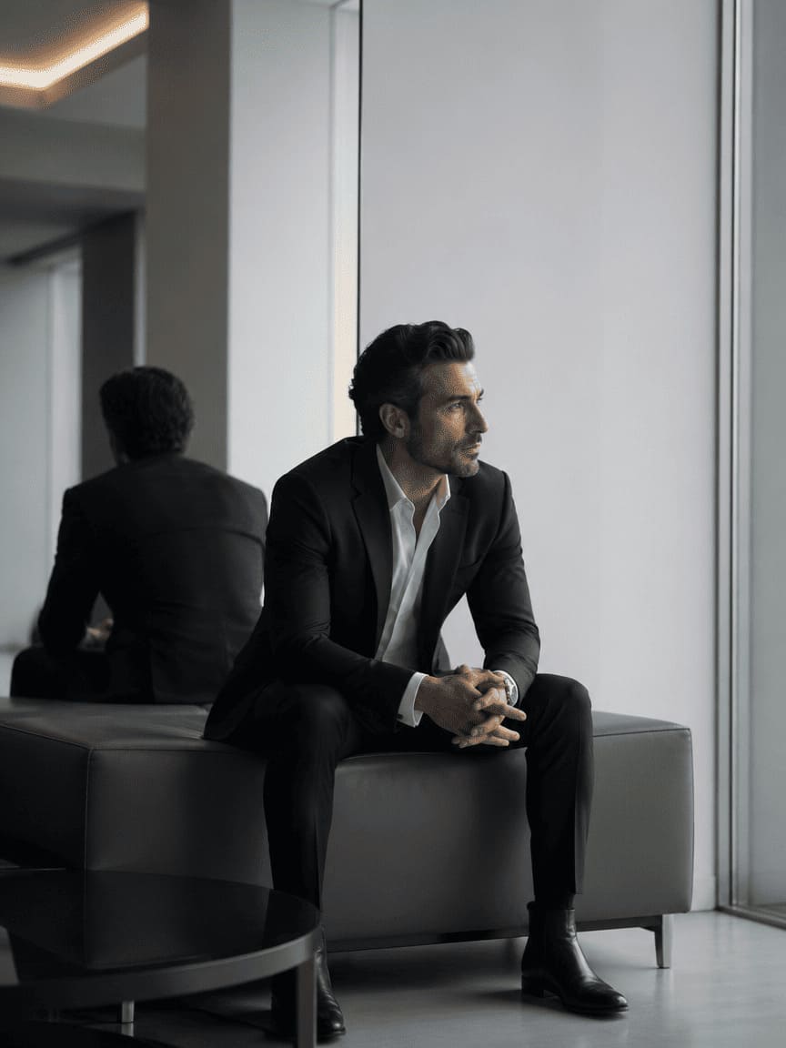 person sitting in contemplative pose with mirror reflection showing inner self
