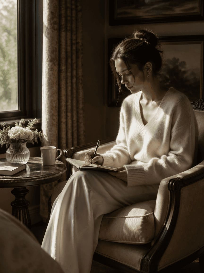 person sitting quietly by window morning light journaling mindful