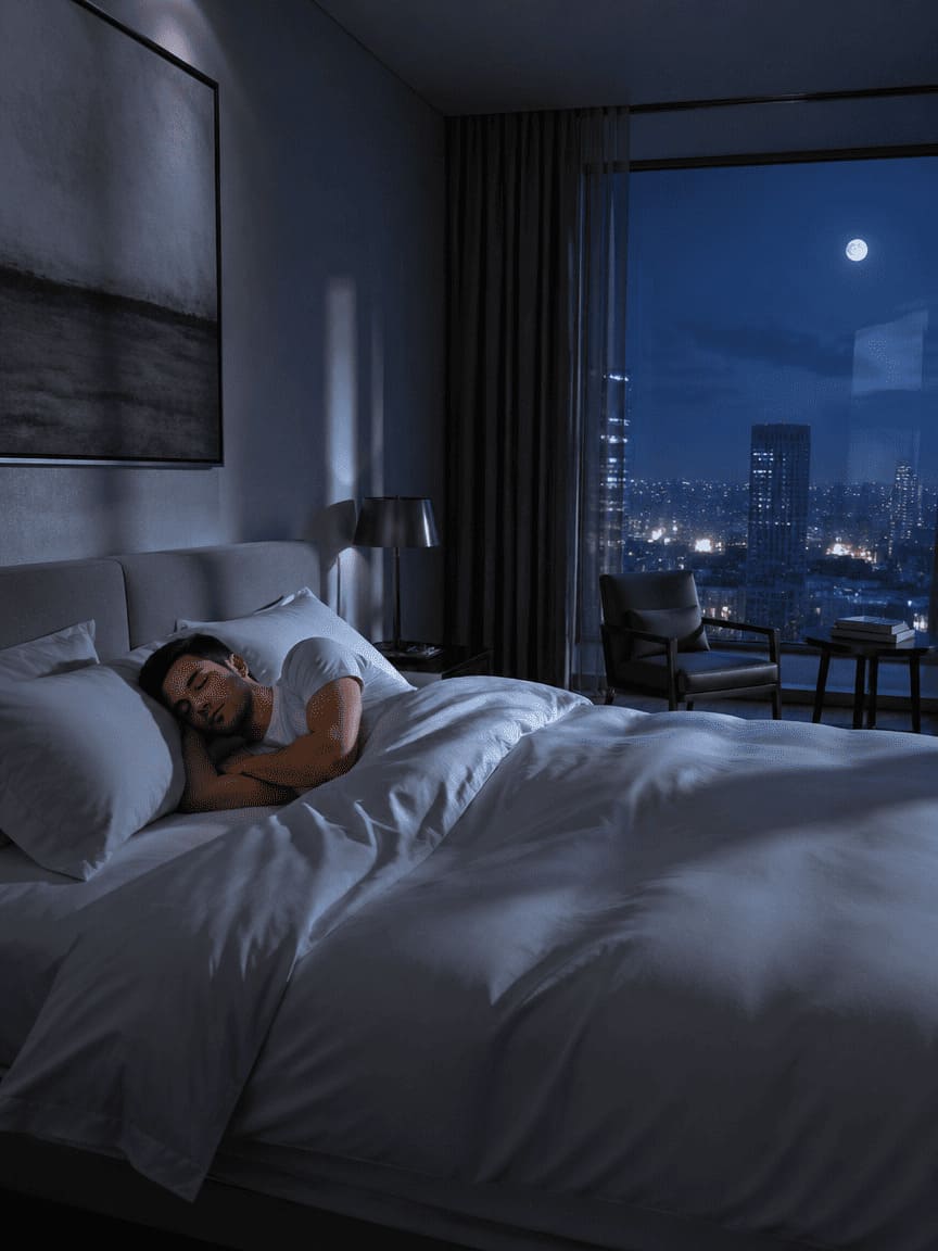 person sleeping peacefully in soft moonlit bedroom with dreamy atmosphere