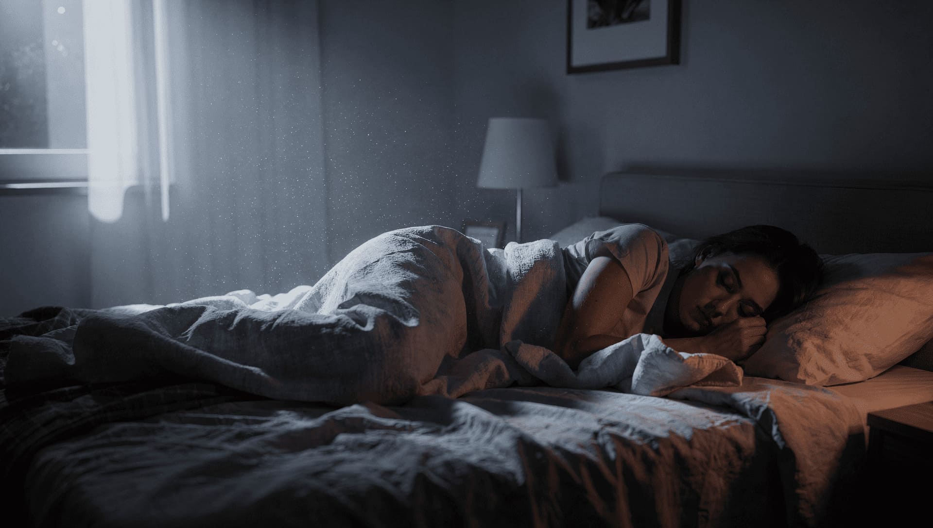 person sleeping peacefully in soft moonlit bedroom