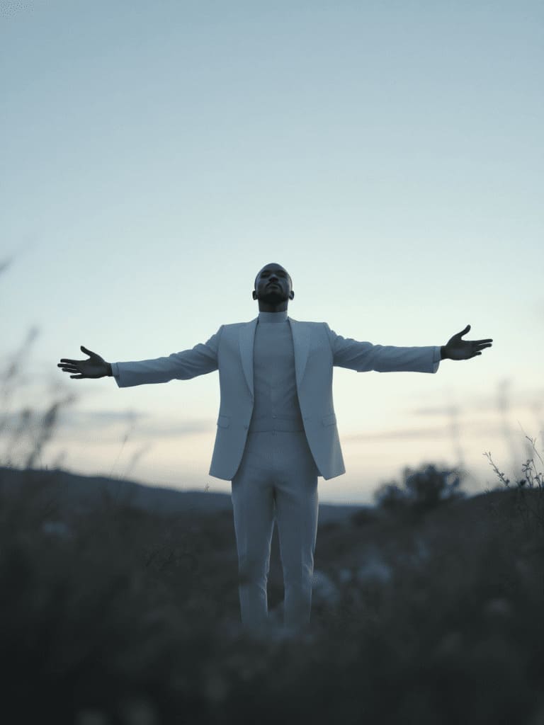 person standing in nature at dusk, arms open, sense of intention and purpose