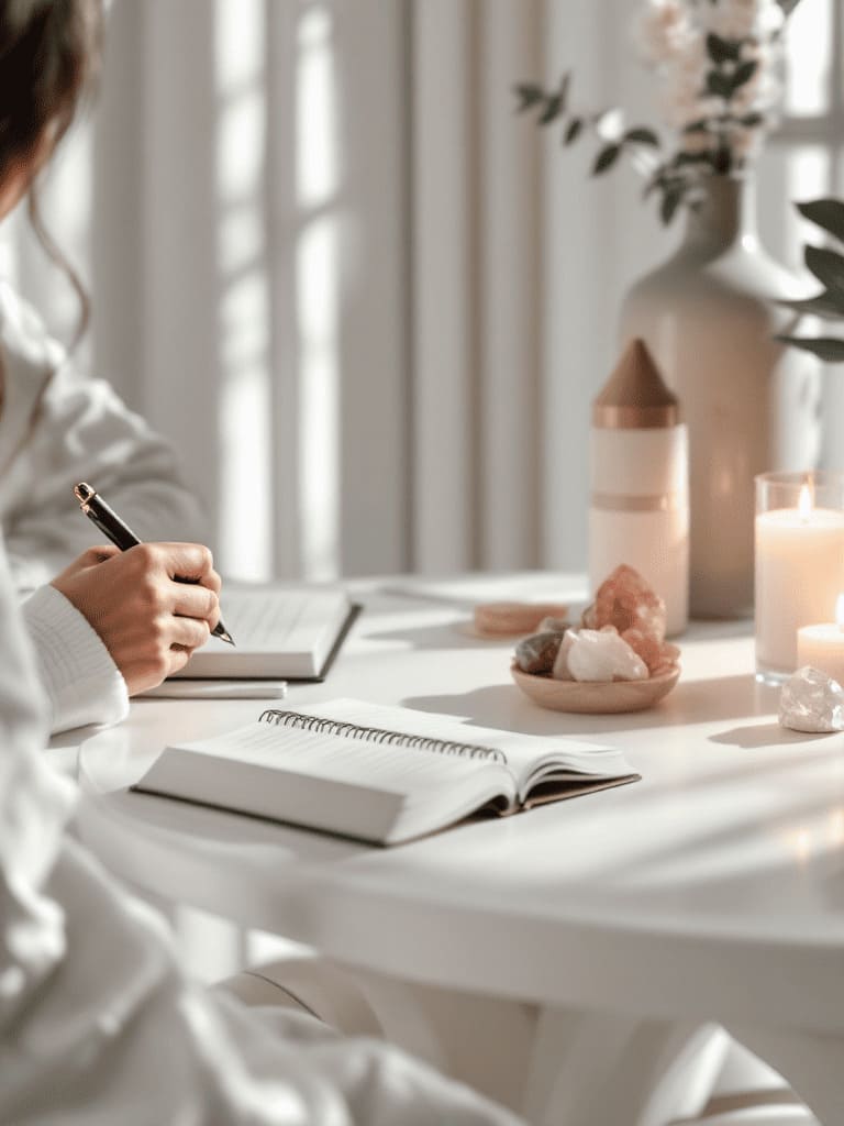 focused person meditating with hands together, soft candlelight