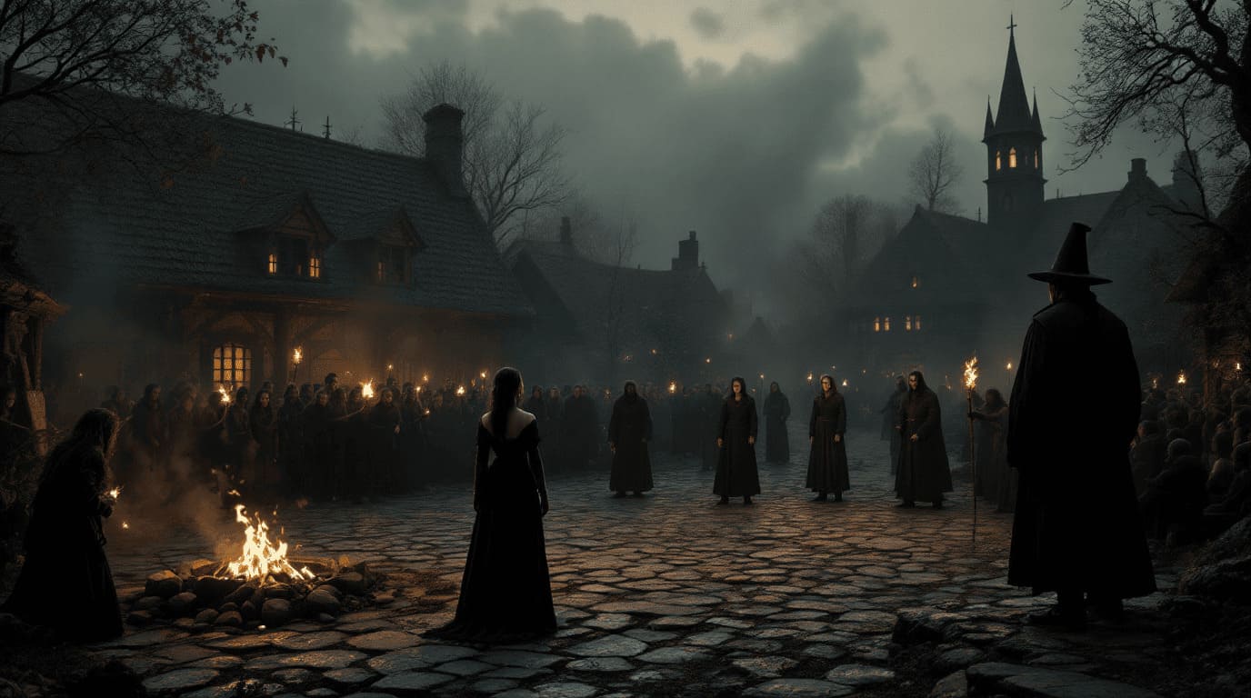 witch trial historical dark accusation fire medieval village