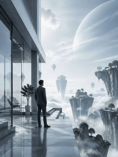 abstract dream world with floating islands and soft glowing light